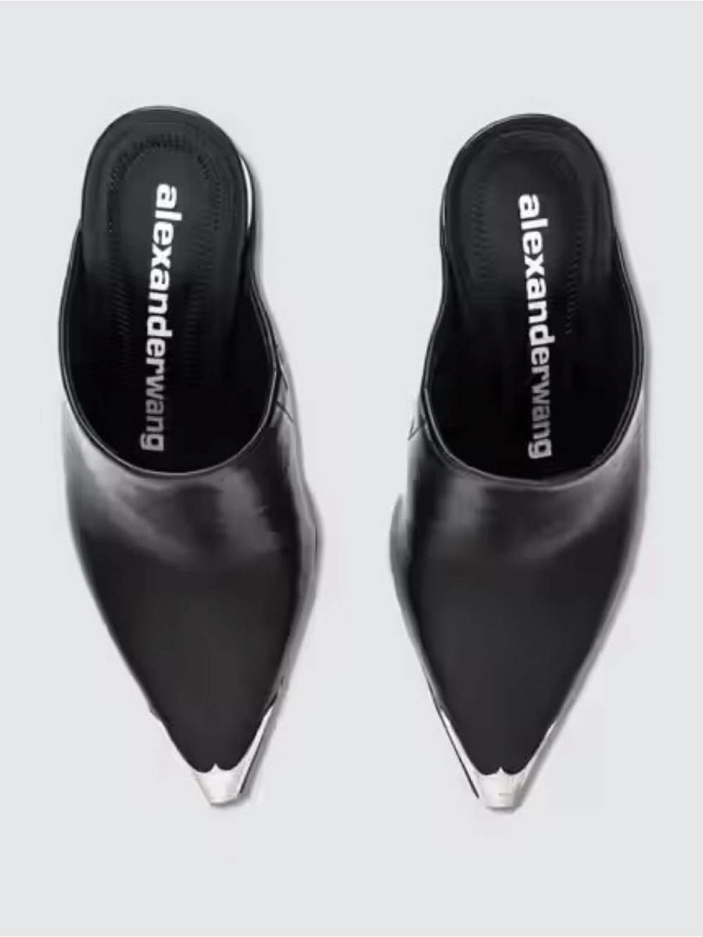 Alexander Wang Black Leather Pointed Mules with Silver Toe Cap